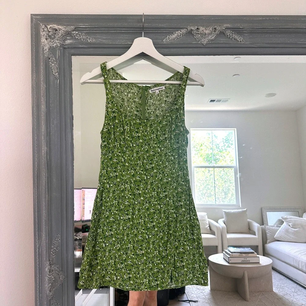 Reformation Noha Mini Dress Green Floral Square Neck Sleeveless Front Slit 2 - Picture 5 of 12